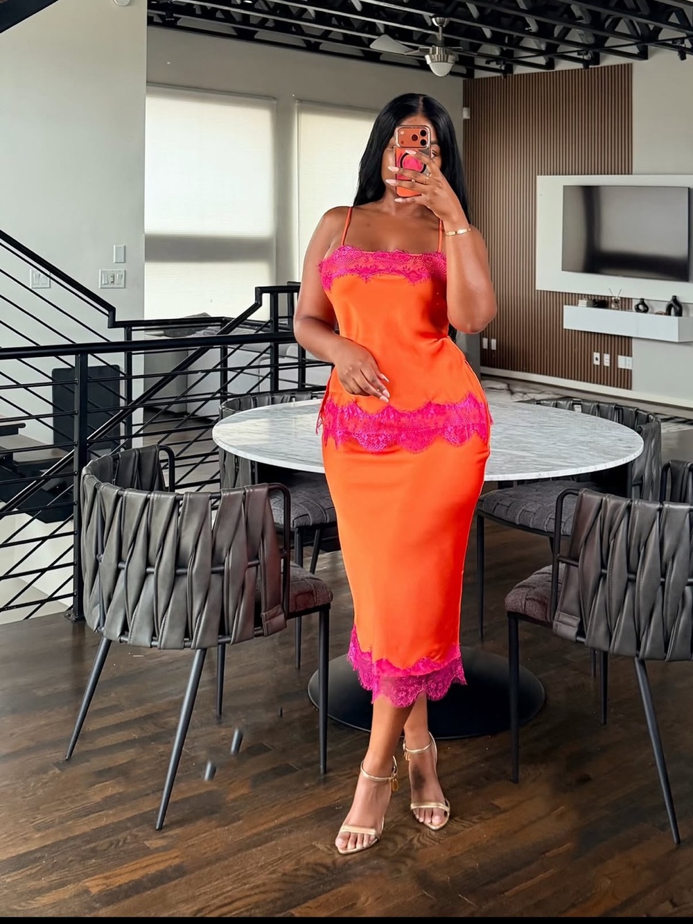 2PCs Orange Satin Slip Top and Skirt with Pink Lace Trim